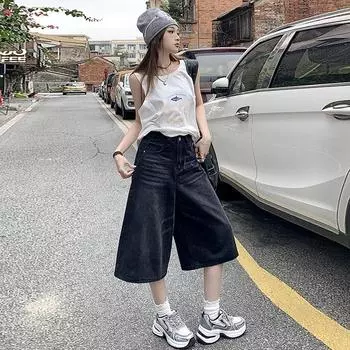 Джинсы с высокой талией для женщин, модные ретро прямые свободные брюки в стиле Харадзюку, повседневные шорты Y2k XXS чёрный