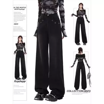 Джинсы с высокой талией для женщин, новинка 2023 года, модные винтажные свободные широкие джинсы, шикарные повседневные прямые черные брюки полной длины S чёрный