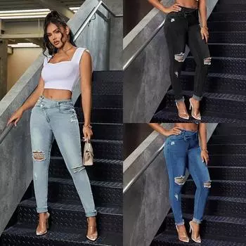 Джинсы с высокой талией для женщин в Европе и Америке 2024 Новые эластичные облегающие брюки-карандаш с маленькими ногами S светло-синий
