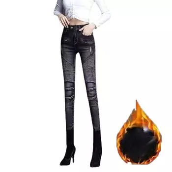 Джинсы с высокой талией для женщин, зимние новые плюшевые эластичные облегающие брюки-карандаш для женских брюк 26 чёрный