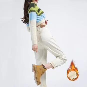 Джинсы с высокой талией и флисом для женщин зимой, эластичные, свободные, для похудения, большого размера S