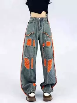 Джинсы с высокой талией и рваными отверстиями, контрастные лоскутные джинсы с цветными блоками, женская уличная одежда для бойфренда, джинсовые брюки, длинные брюки, Харадзюку M