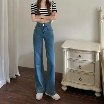 Джинсы с высокой талией и широкими штанинами, женские прямые свободные утягивающие брюки до пола S