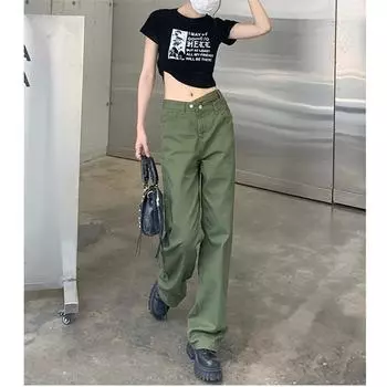 Джинсы с высокой талией, свободные, 2022, женские винтажные широкие джинсы-карго, прямые женские джинсы-карго в стиле ретро в стиле пэчворк XS