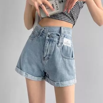 Джинсы с высокой талией, женские летние свободные джинсовые шорты, модные прямые брюки с пятью точками, Y2K, одежда, низ S чёрный
