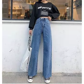 Джинсы с высокой талией, женские модные женские широкие прямые джинсы для женщин, рваные джинсы-бойфренды, женские джинсы S синий