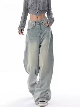 Джинсы с высокой талией, женские, осенние, новые, на пуговицах, длинные, широкие, джинсовые брюки, модные, винтажные, Y2K, светло-голубые, свободные брюки S светло-синий