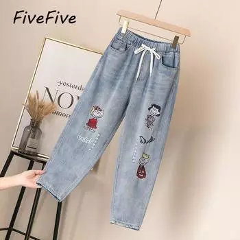 Джинсы-шаровары FiveFive с мультяшной вышивкой, мешковатые джинсовые брюки до щиколотки, прямые рваные джинсы на шнуровке Vaqueros с высокой талией, большой размер XXXXL