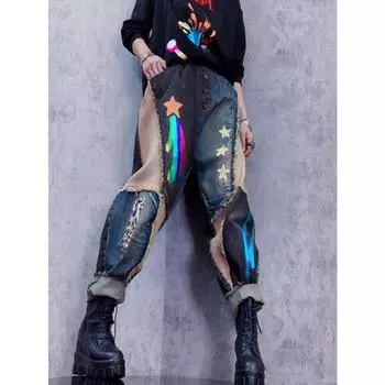 Джинсы-шаровары с эластичным поясом и необработанным краем и принтом в стиле пэчворк с цветными блоками, женские брюки из денима M