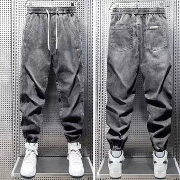 Джинсы-шаровары с карманами на штанинах, эластичным поясом, регулируемыми шнурками, мужские джинсы, однотонные L синий