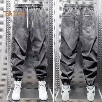 Джинсы-шаровары с карманами на штанинах, эластичным поясом, регулируемыми шнурками, мужские джинсы, однотонные уличные спортивные брюки L серый