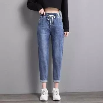 Джинсы-шаровары с высокой талией и эластичной резинкой на талии длиной до щиколотки, женские простые хлопковые эластичные джинсы больших размеров, женские узкие женские джинсы-шаровары XXXXXL синий
