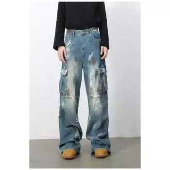 Джинсы широкие с множеством карманов и синим принтом граффити, мужские свободные прямые рабочие брюки, прямые свободные джинсы для мужчин, модные и удобные брюки XS синий