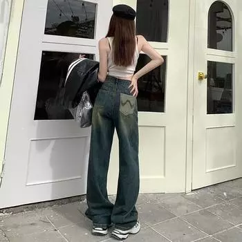 «Джинсы широкого кроя с высокой талией для женщин в американском стиле — весна и осень 2023 г., прямые брюки в пол в стиле ретро» XS