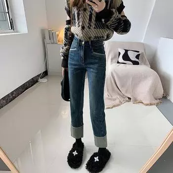 Джинсы-сигареты с высокой талией и эластичными манжетами для женщин - повседневные брюки Nine-Point на весну/лето Extra Large