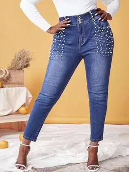 Джинсы скинни Rosegal больших размеров с бисером L глубокий/синий