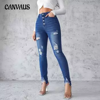 Джинсы скинни с высокой талией, женские утягивающие синие леггинсы на пуговицах, брюки-карандаш S синий