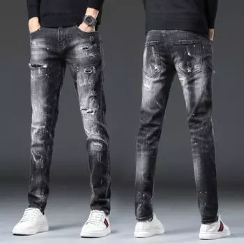 Джинсы Slim Fit Elastic Distressed Paint Splatter Style с вышивкой, модные мужские уличные джинсы в гонконгском стиле для мужчин 32 29 бездна