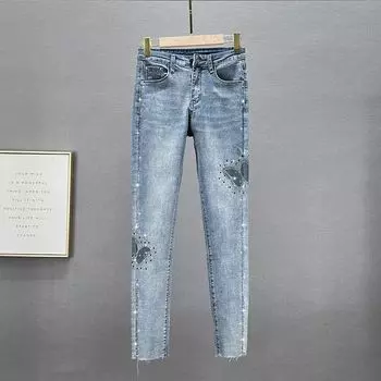 Джинсы со стразами по щиколотку, облегающие, с высокой талией, стройнящие, европейские товары Light blue 27