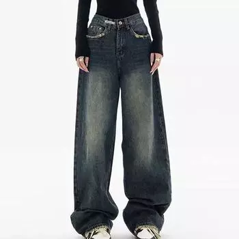Джинсы свободные, прямая трубка, модные и универсальные мужские брюки, прямые брюки, молодежный и популярный, весенний японский стиль L темно-синий