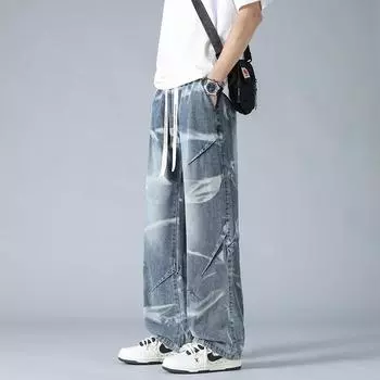 Джинсы тай-дай Мужские Летние Прохладные Прямые Повседневные Брюки Мужские Подростковые Модные Красивые Брюки с Широкими Штанинами Мужские M синий