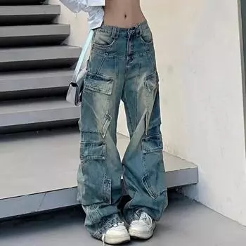 Джинсы Techwear с несколькими карманами, джинсовые брюки, синие джинсовые брюки с высокой талией, брюки y2k, свободные прямые брюки в стиле Харадзюку для парня-бойфренда, большие размеры S синий