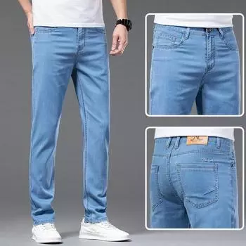 Джинсы Tencel, мужские летние тонкие брюки из ледяного шелка, прямые деловые мужские эластичные брюки 28