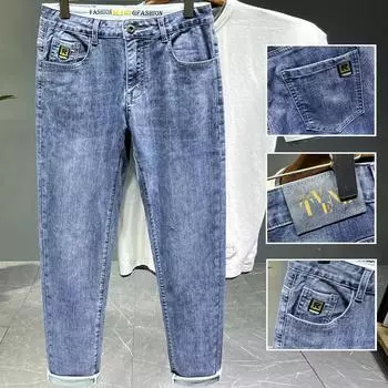 Джинсы Tide, мужские осенние эластичные свободные джинсовые брюки, модные мужские джинсы с вышивкой, брюки небольшого размера 33