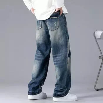 Джинсы Trendy Brand Distressed Patch, новые мужские джинсовые брюки, свободные широкие штанины, универсальные мужские брюки S