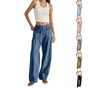 Джинсы-трубы, джинсы с широкими штанинами, женские джинсы с высокой талией и завязками, джинсы-бочонки, женские джинсы-бочонки, женские джинсы для женщин, мешковатые джинсы для женщин L армия зеленый