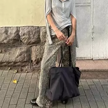 Джинсы унисекс с леопардовым принтом High Street Ретро Широкие брюки Свободные карманы в стиле хип-хоп Уличная одежда на пуговицах на молнии Женщины Мужчины Длинные джинсовые брюки M леопардовый