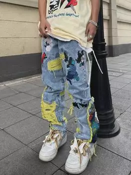 Джинсы-унисекс с рваными нашивками, вышивкой и кисточками - американский бренд уличной моды 2XL синий