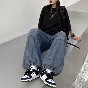 Джинсы унисекс Широкие брюки Прямые потертые боковые карманы в стиле ретро Хай-стрит Хип-хоп Кулиска M синий