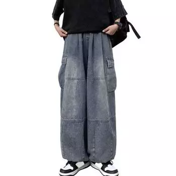 Джинсы унисекс Широкие брюки Прямые потертые боковые карманы в стиле ретро Хай-стрит Хип-хоп Кулиска M синий