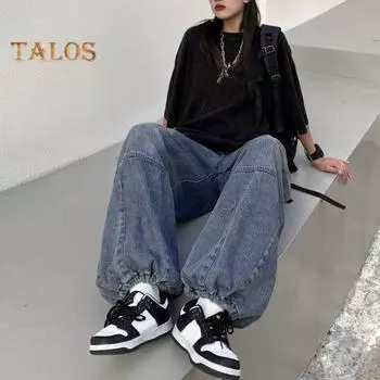 Джинсы унисекс Широкие брюки Прямые ретро-стиранные боковые карманы Хай-стрит Хип-хоп Шнурок Эластичная талия Сплошной цвет Уличная одежда Длинные брюки Шаровары M синий