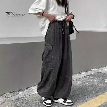 Джинсы унисекс Широкие брюки Прямые ретро-стиранные боковые карманы Хай-стрит Хип-хоп Шнурок Эластичная талия Сплошной цвет Уличная одежда Длинные брюки Шаровары M синий