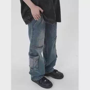 Джинсы унисекс в стиле ретро High Street с карманами: Свободная, широкая, прямого кроя рабочая одежда для пар XXL синий