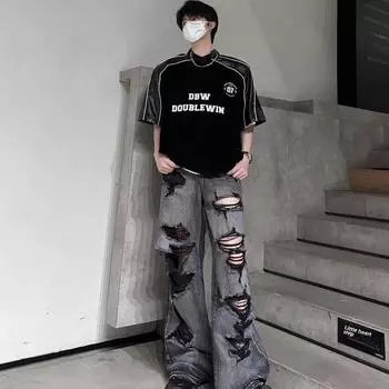 Джинсы унисекс в стиле ретро с потертостями и рваными краями в американском стиле — свободные, универсальные, прямого кроя для летних пар Small чёрный