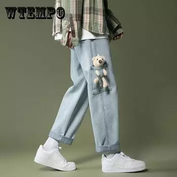 Джинсы унисекс WTEMPO, свободные и узкие широкие прямые брюки, джинсовые брюки с большим карманом и украшением в виде медведя, милые брюки XXL чёрный