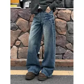 Джинсы в американском стиле с ретро-заклепками и узором в виде молнии для мужчин и женщин, осенне-зимние модные потертые повседневные брюки Ruan Handsome S синий