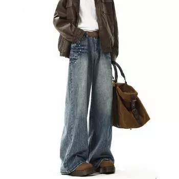 Джинсы в американском стиле с ретро-заклепками и узором в виде молнии для мужчин и женщин, осенне-зимние модные потертые повседневные брюки Ruan Handsome S синий