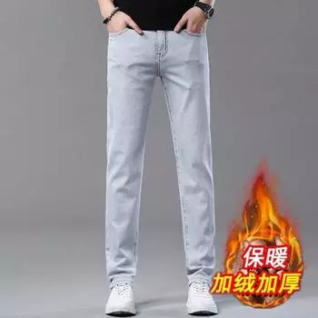 Джинсы в европейском и американском стиле, мужские, высокого класса, с вышивкой, осенне-зимние, утолщенные, эластичные, облегающие, узкие брюки, модные, модные, брендовые, повседневные 28 синий