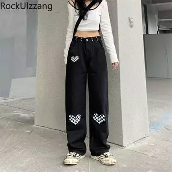 Джинсы в клетку в клетку с сердечками и принтом «Любовь», джинсовые брюки, женские повседневные модные длинные брюки с высокой талией для бойфренда 3XL чёрный