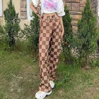 Джинсы в шахматную клетку для женщин. Новые модные свободные коричневые джинсы. Крутые прямые брюки для женщин. S коричневый