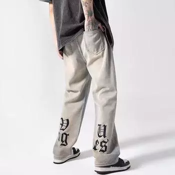 Джинсы в стиле Харадзюку, прямые брюки в стиле хип-хоп, мужские джинсы с принтом большого размера Y2k, повседневные черные джинсы для уборки, популярная уличная одежда S синий