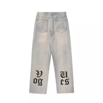 Джинсы в стиле Харадзюку, прямые брюки в стиле хип-хоп, мужские джинсы с принтом большого размера Y2k, повседневные черные джинсы для уборки, популярная уличная одежда S синий