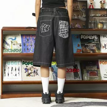 Джинсы в стиле хип-хоп с карманами и вышивкой, с буквенным принтом, шорты для мужчин, летние широкие джинсовые брюки до колена в стиле ретро, большие размеры S чёрный