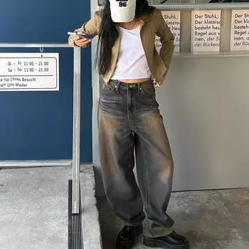 Джинсы в стиле хип-хоп с заниженной талией, с потертостями и простыми буквами, уличные свободные повседневные широкие брюки, женские брюки L синий