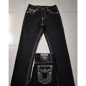 Джинсы в стиле ретро Харадзюку с высокой талией, прямые, широкие, модные, 2000, вышитые, повседневные, готические, в стиле хип-хоп S чёрный