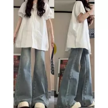 Джинсы в стиле ретро с микроклешем для женщин, летние, тонкие, большого размера, свободные, утягивающие, прямые, узкие, широкие брюки S синий